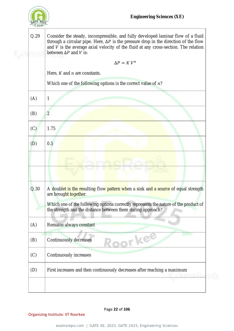 GATE XE 2025 question paper, GATE 2025, Engineering Sciences, page 22 of 106