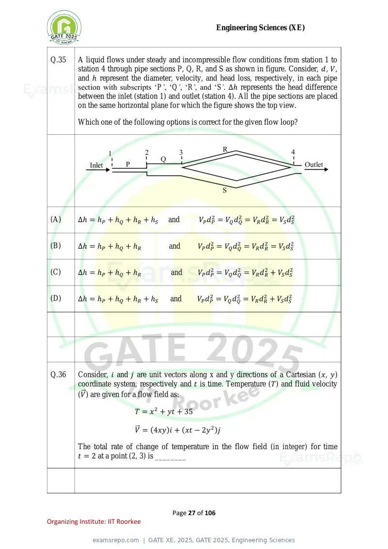 GATE XE 2025 question paper, GATE 2025, Engineering Sciences, page 27 of 106