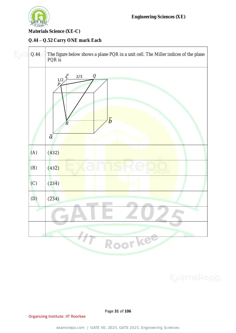 GATE XE 2025 question paper, GATE 2025, Engineering Sciences, page 31 of 106