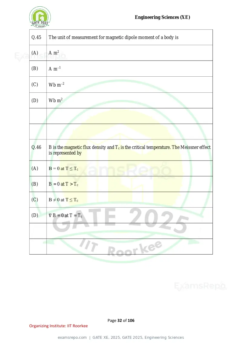 GATE XE 2025 question paper, GATE 2025, Engineering Sciences, page 32 of 106