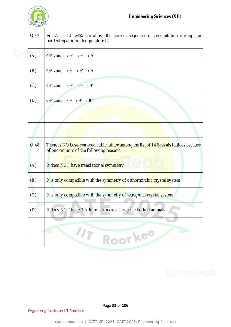 GATE XE 2025 question paper, GATE 2025, Engineering Sciences, page 33 of 106