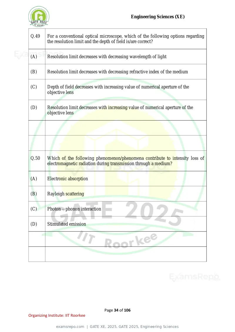 GATE XE 2025 question paper, GATE 2025, Engineering Sciences, page 34 of 106