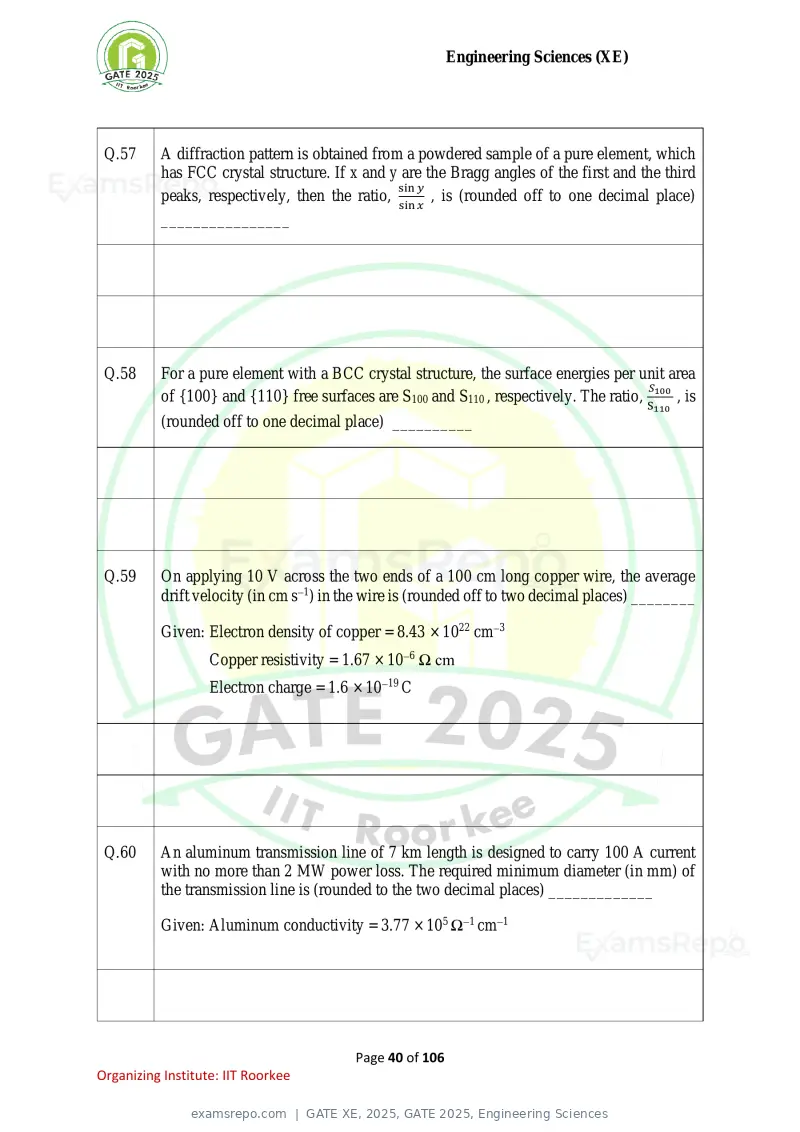 GATE XE 2025 question paper, GATE 2025, Engineering Sciences, page 40 of 106