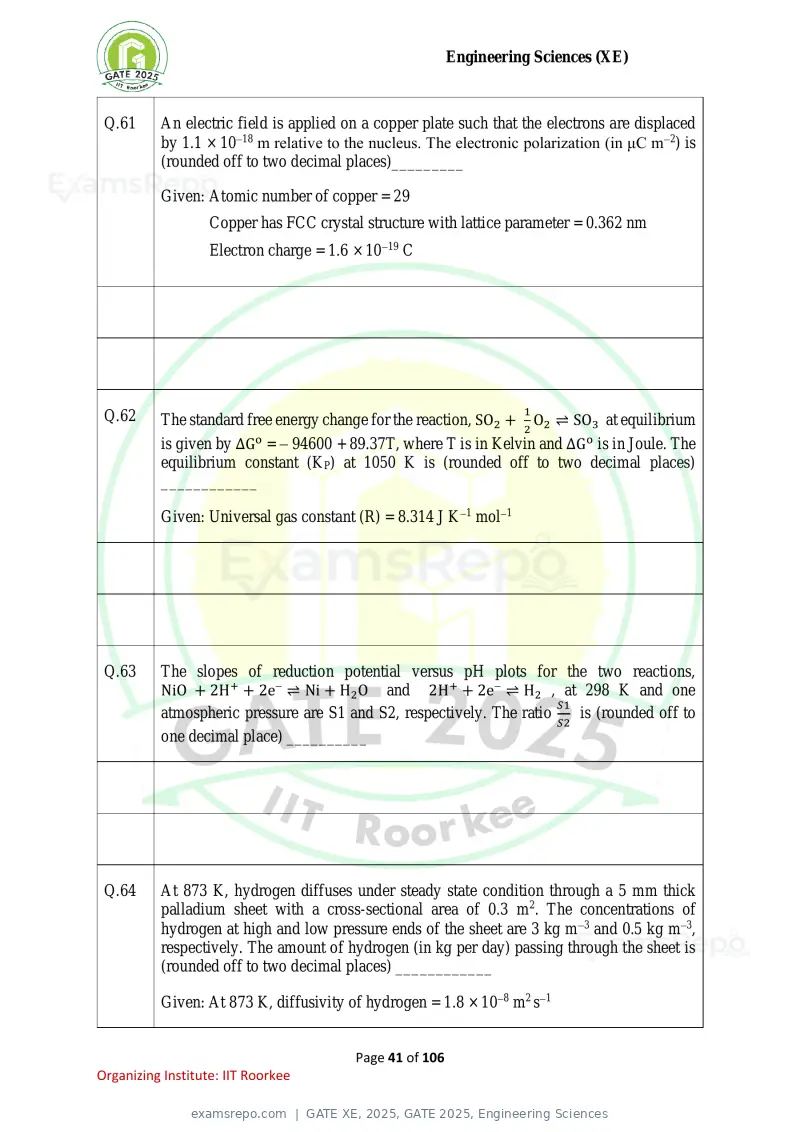 GATE XE 2025 question paper, GATE 2025, Engineering Sciences, page 41 of 106
