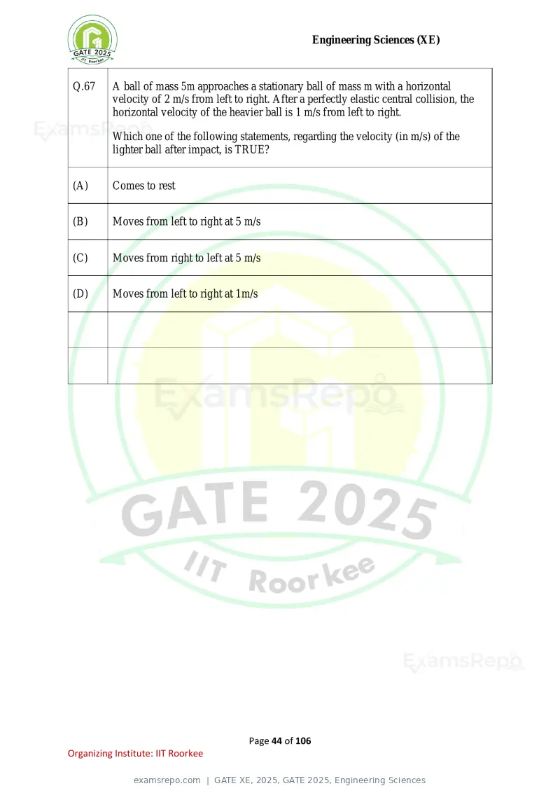 GATE XE 2025 question paper, GATE 2025, Engineering Sciences, page 44 of 106