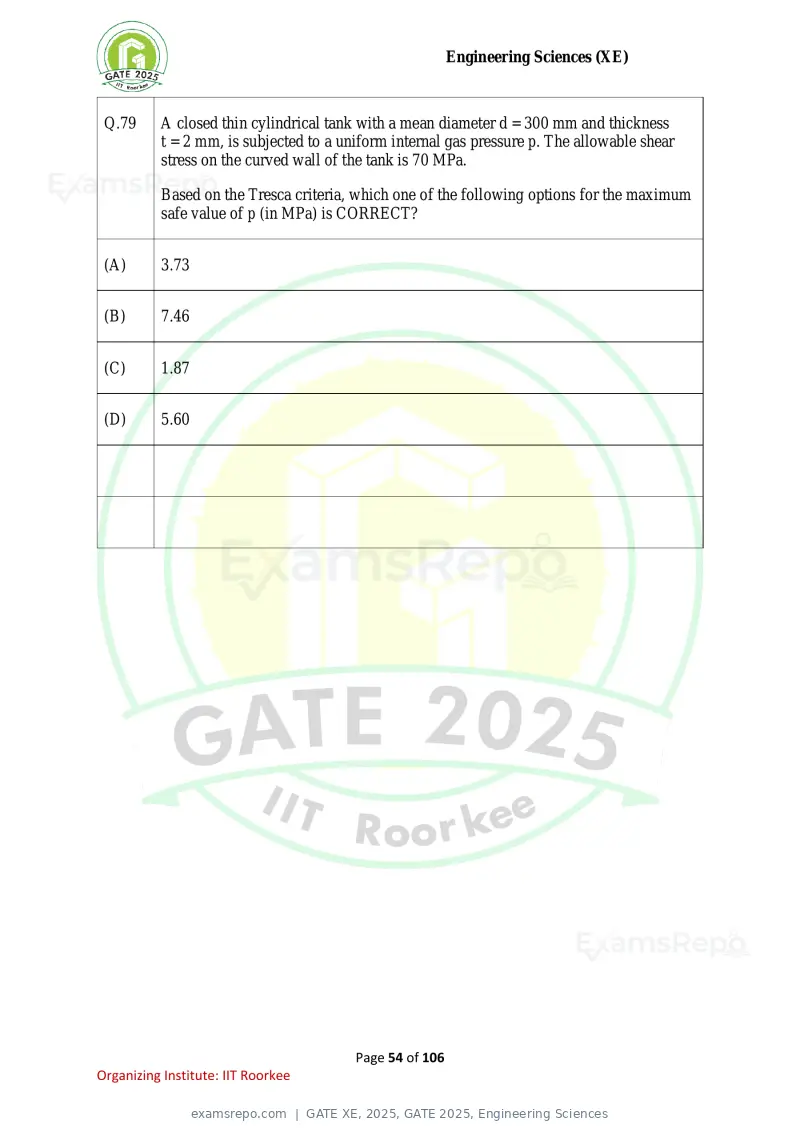 GATE XE 2025 question paper, GATE 2025, Engineering Sciences, page 54 of 106