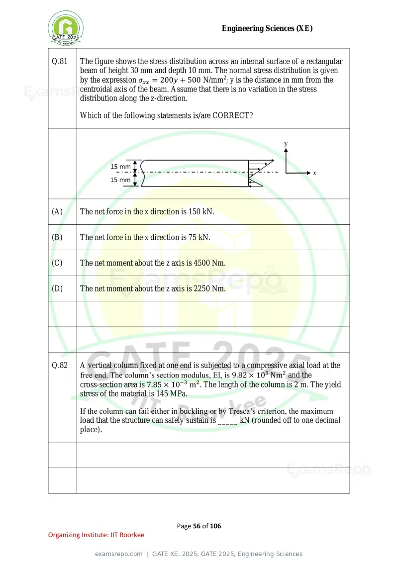 GATE XE 2025 question paper, GATE 2025, Engineering Sciences, page 56 of 106