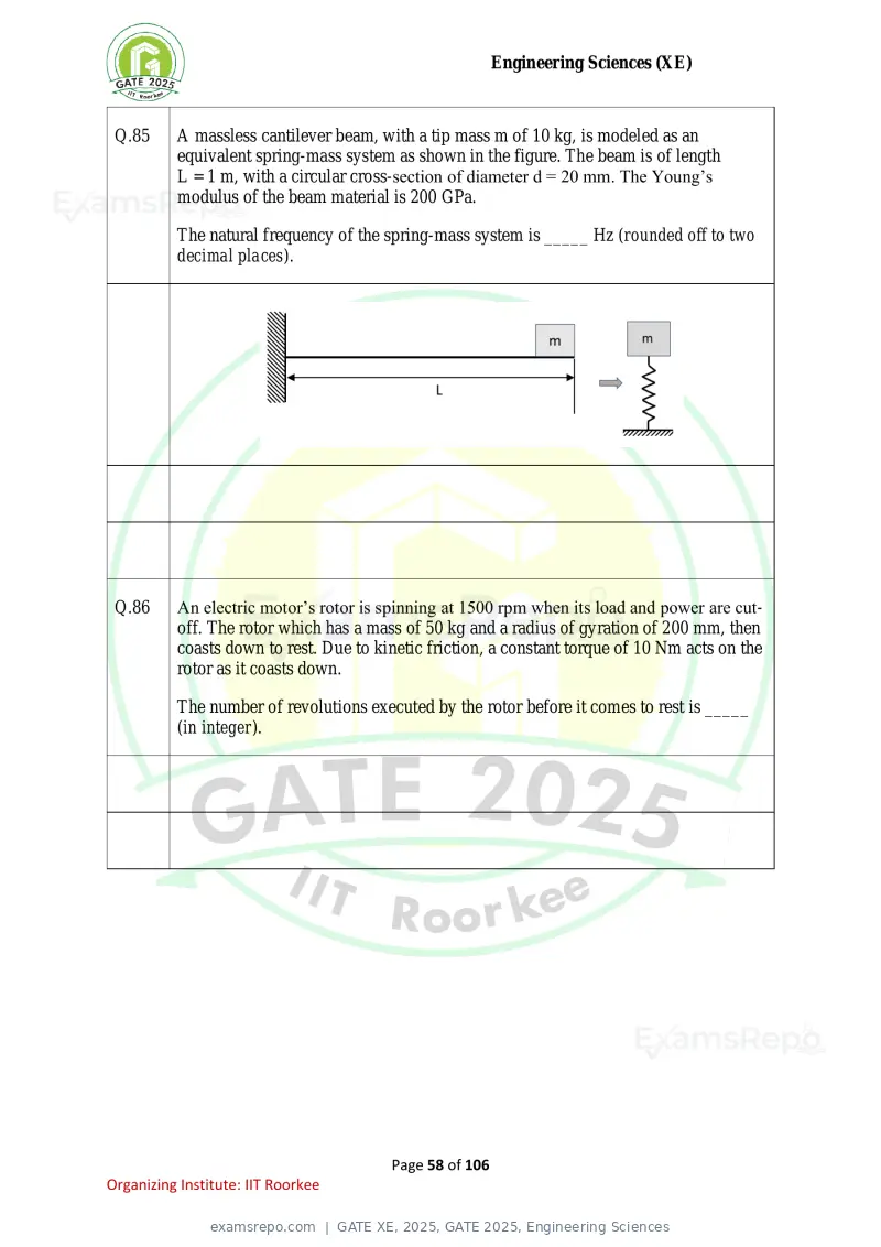 GATE XE 2025 question paper, GATE 2025, Engineering Sciences, page 58 of 106