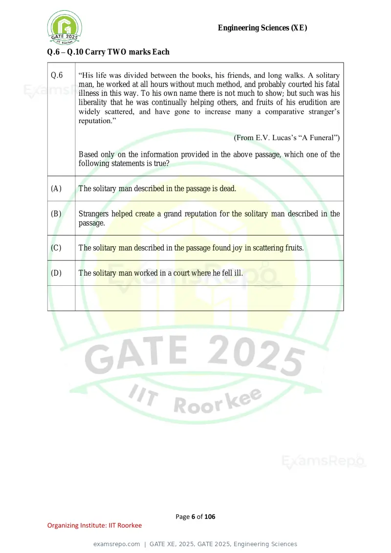GATE XE 2025 question paper, GATE 2025, Engineering Sciences, page 6 of 106