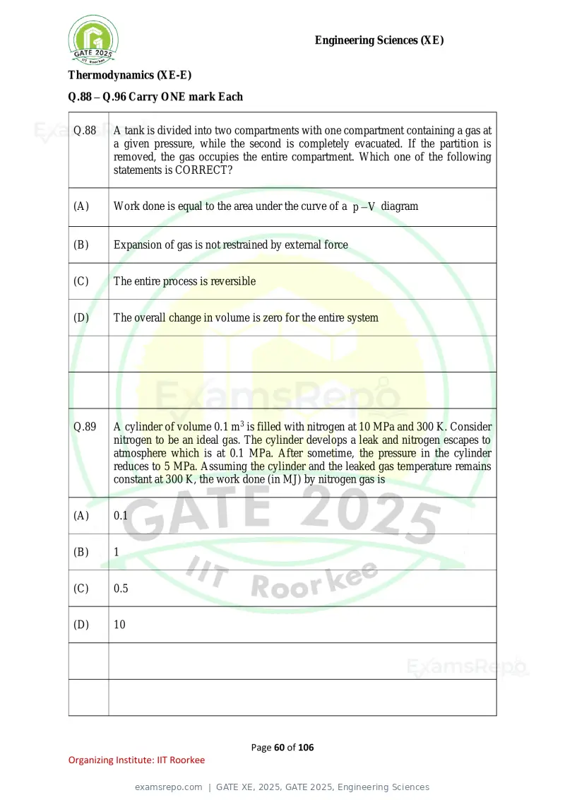 GATE XE 2025 question paper, GATE 2025, Engineering Sciences, page 60 of 106