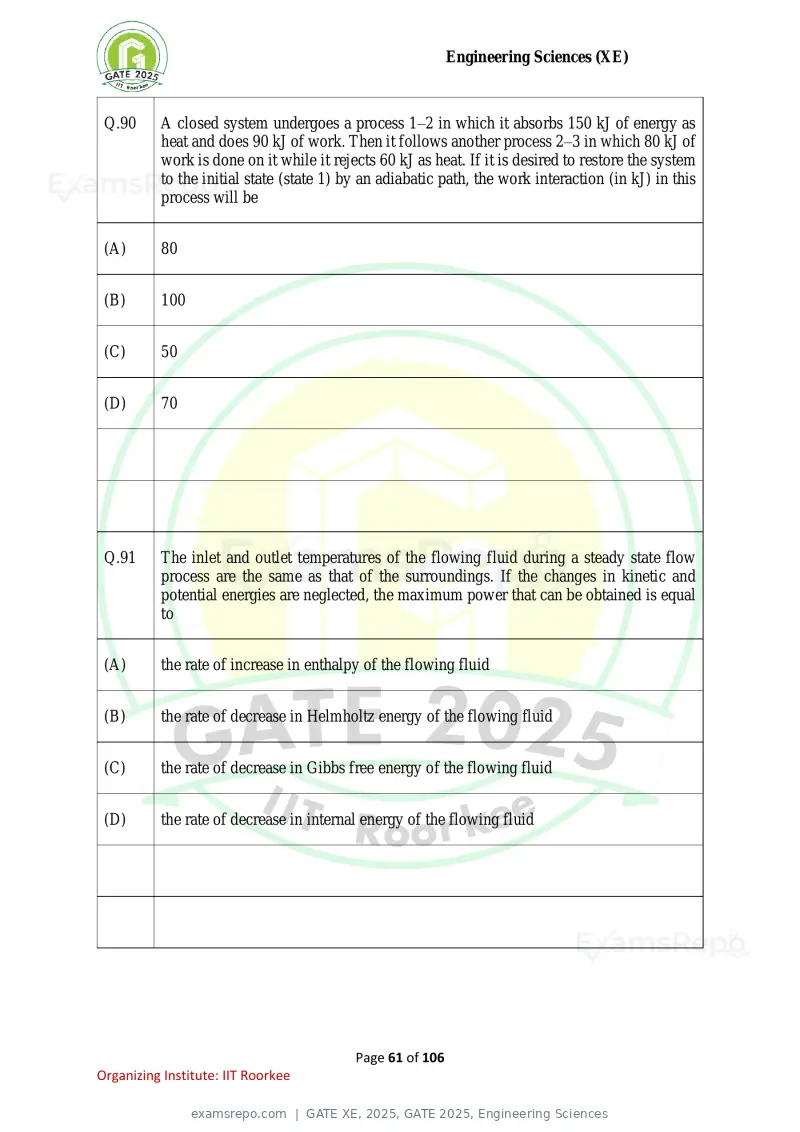 GATE XE 2025 question paper, GATE 2025, Engineering Sciences, page 61 of 106