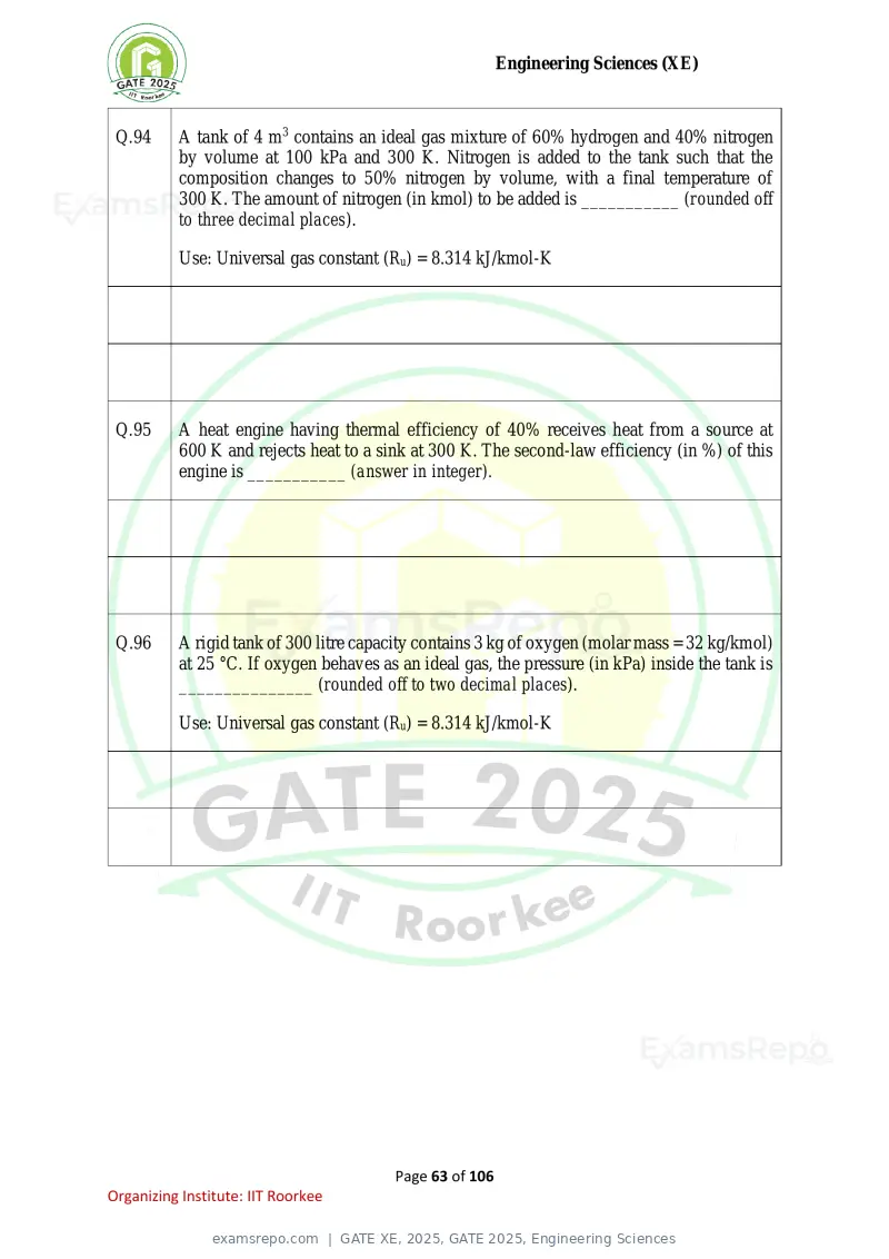 GATE XE 2025 question paper, GATE 2025, Engineering Sciences, page 63 of 106