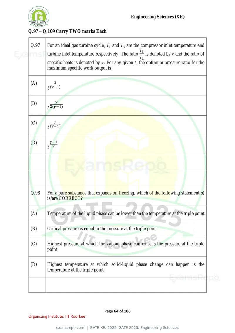 GATE XE 2025 question paper, GATE 2025, Engineering Sciences, page 64 of 106