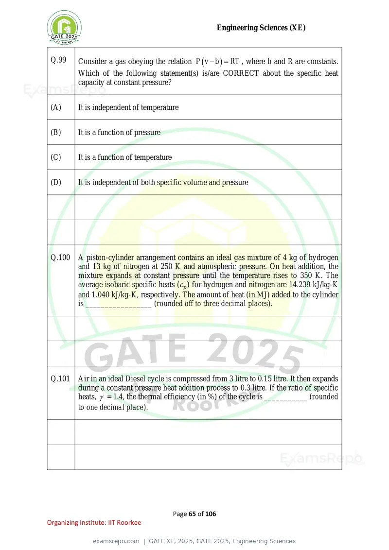 GATE XE 2025 question paper, GATE 2025, Engineering Sciences, page 65 of 106