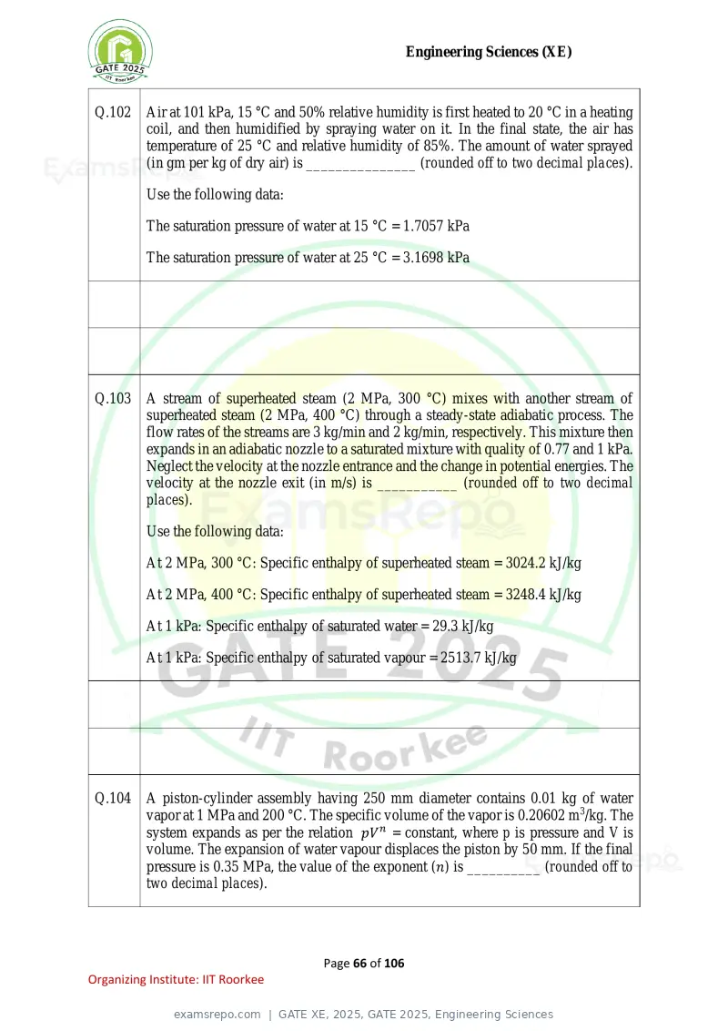 GATE XE 2025 question paper, GATE 2025, Engineering Sciences, page 66 of 106
