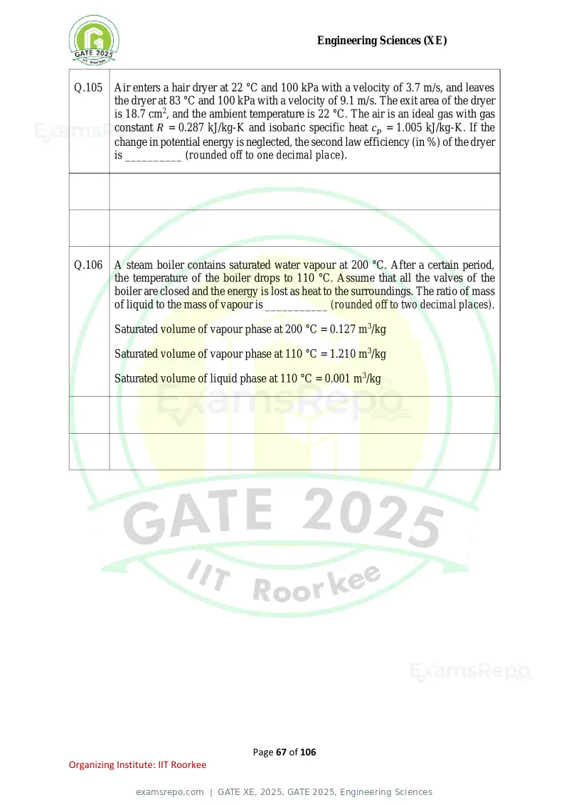 GATE XE 2025 question paper, GATE 2025, Engineering Sciences, page 67 of 106
