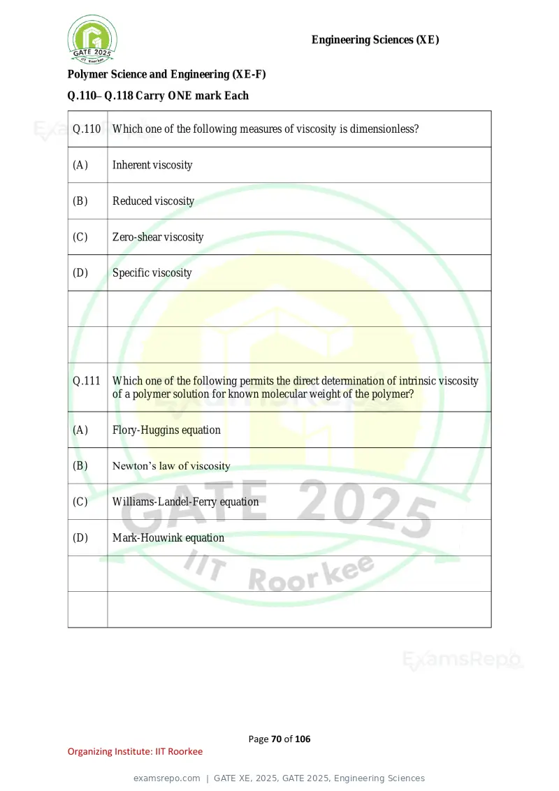 GATE XE 2025 question paper, GATE 2025, Engineering Sciences, page 70 of 106
