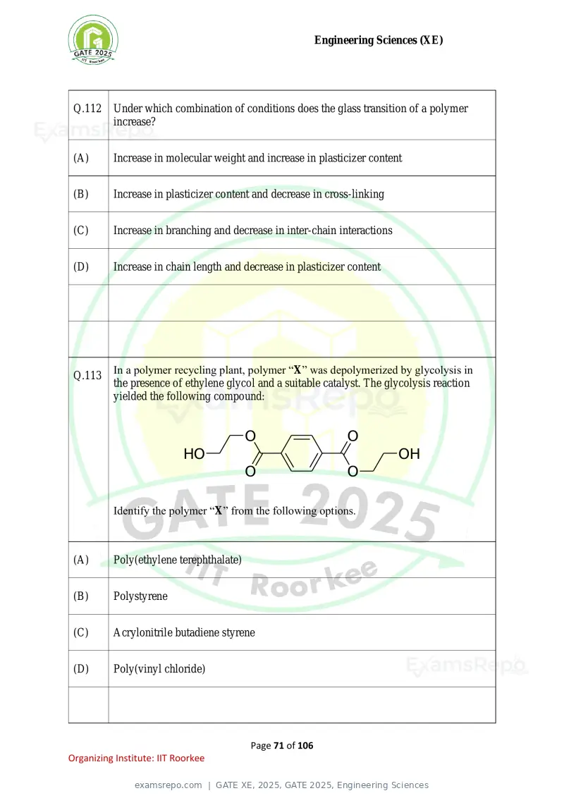 GATE XE 2025 question paper, GATE 2025, Engineering Sciences, page 71 of 106
