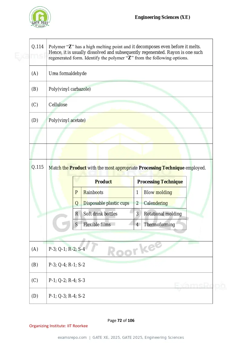 GATE XE 2025 question paper, GATE 2025, Engineering Sciences, page 72 of 106