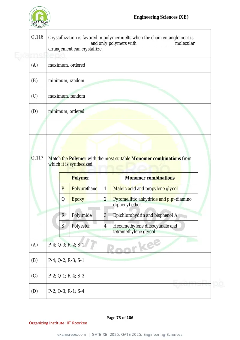 GATE XE 2025 question paper, GATE 2025, Engineering Sciences, page 73 of 106