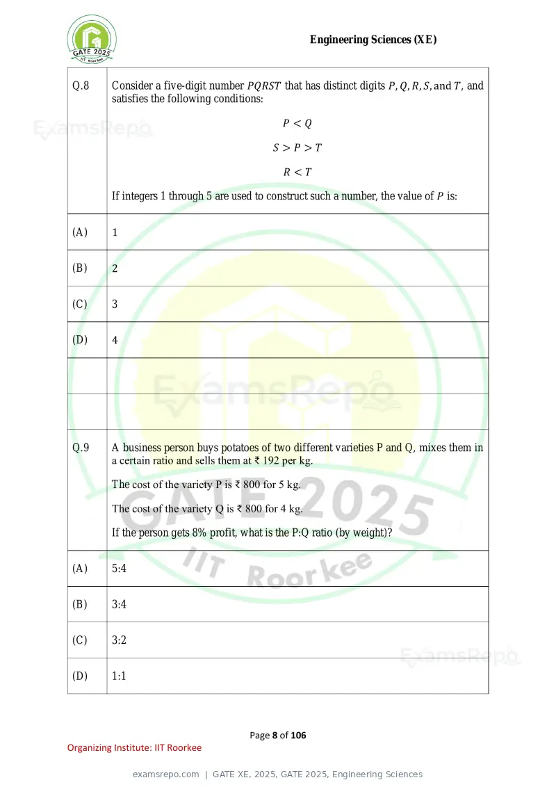 GATE XE 2025 question paper, GATE 2025, Engineering Sciences, page 8 of 106