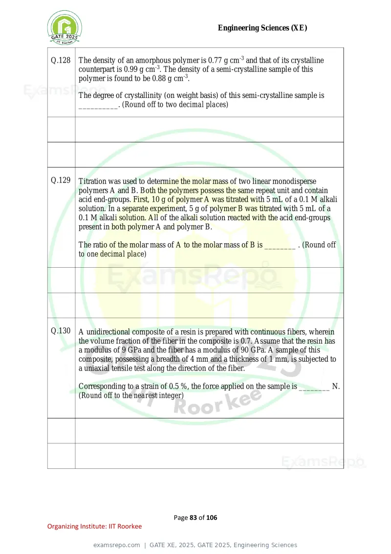 GATE XE 2025 question paper, GATE 2025, Engineering Sciences, page 83 of 106