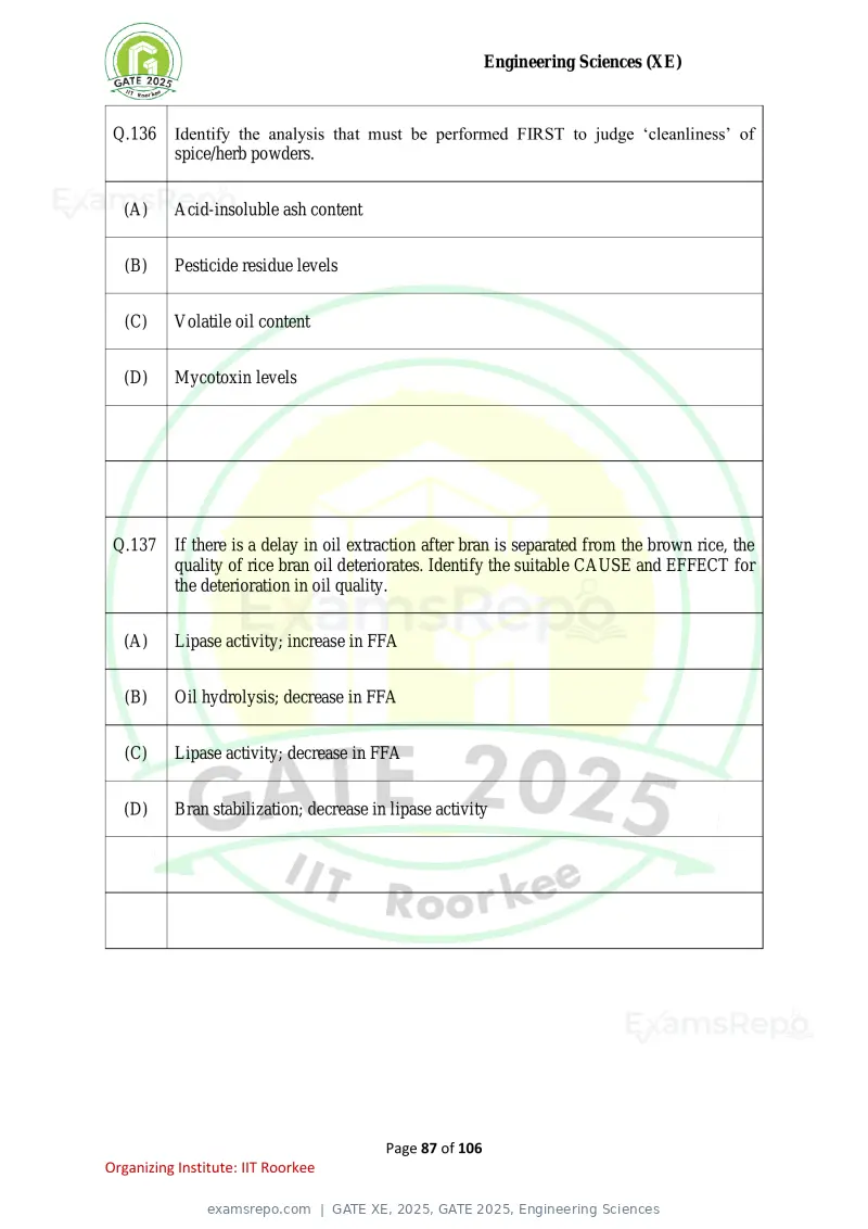GATE XE 2025 question paper, GATE 2025, Engineering Sciences, page 87 of 106