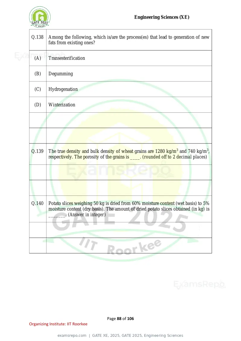 GATE XE 2025 question paper, GATE 2025, Engineering Sciences, page 88 of 106