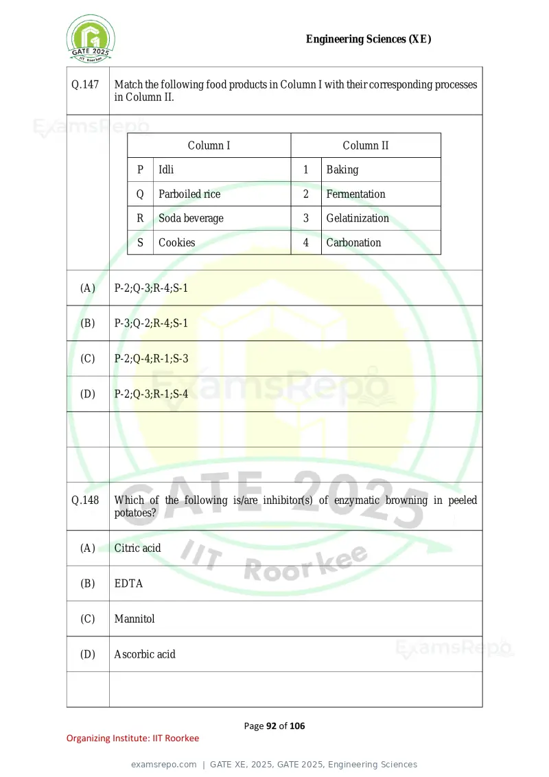 GATE XE 2025 question paper, GATE 2025, Engineering Sciences, page 92 of 106