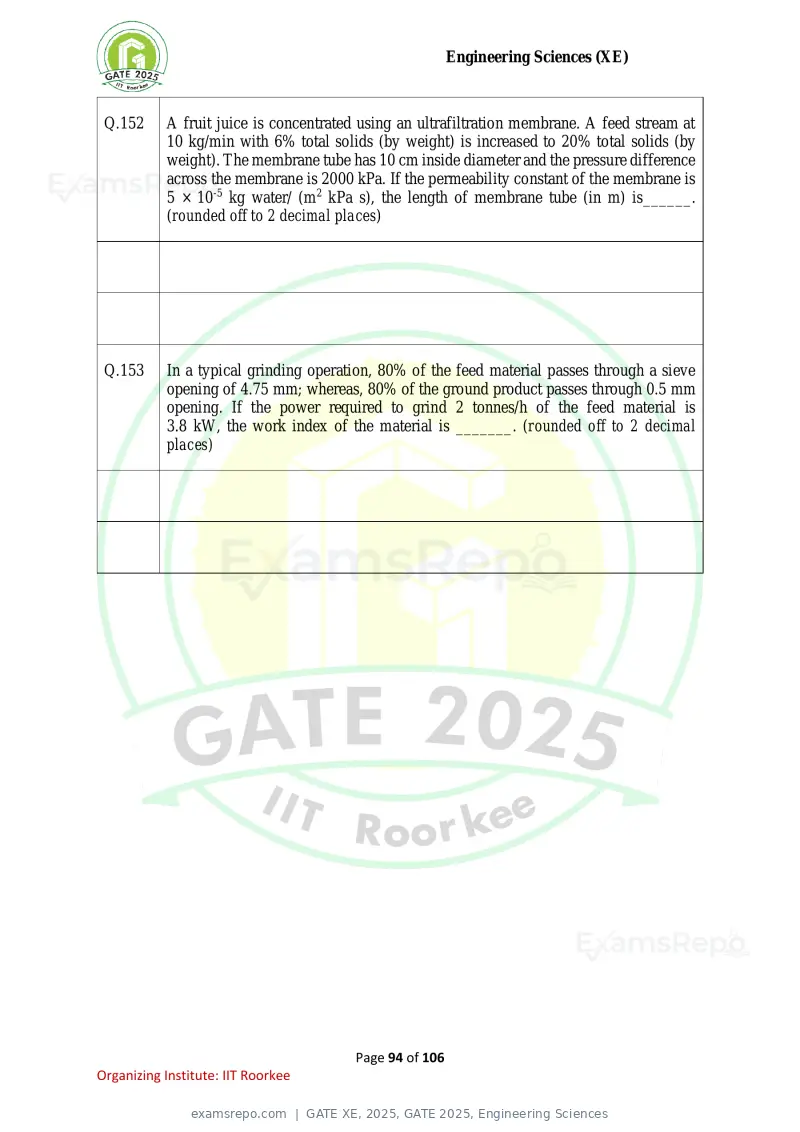 GATE XE 2025 question paper, GATE 2025, Engineering Sciences, page 94 of 106