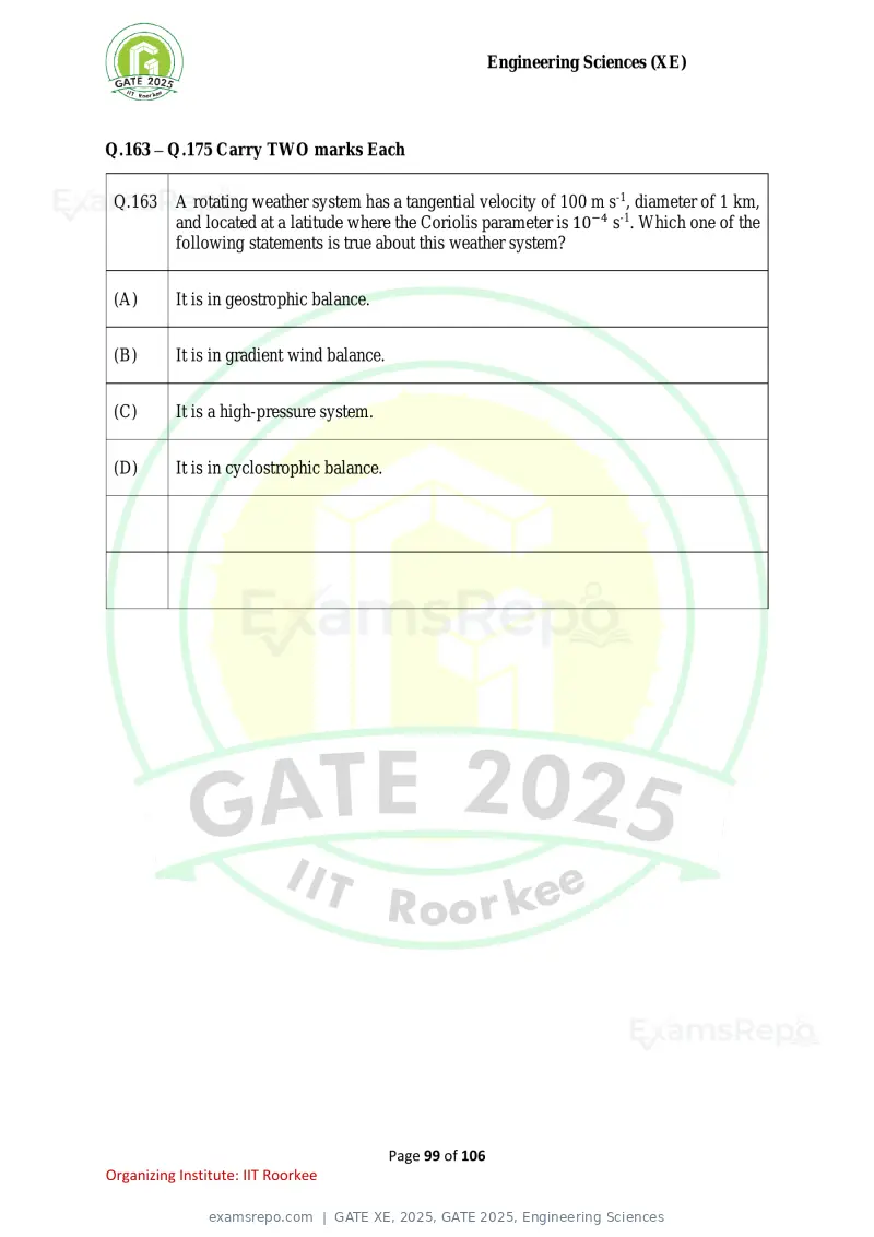 GATE XE 2025 question paper, GATE 2025, Engineering Sciences, page 99 of 106