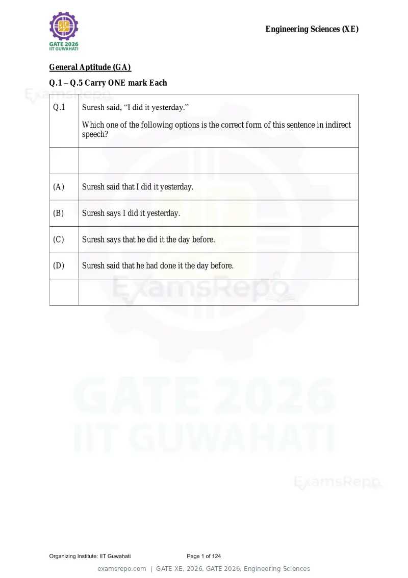 GATE XE 2026 question paper, GATE 2026, Engineering Sciences, page 1 of 124