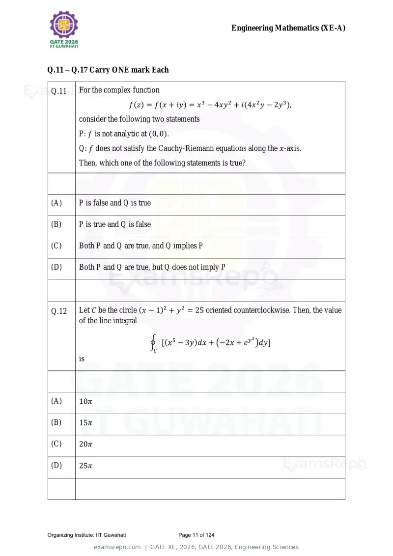 GATE XE 2026 question paper, GATE 2026, Engineering Sciences, page 11 of 124