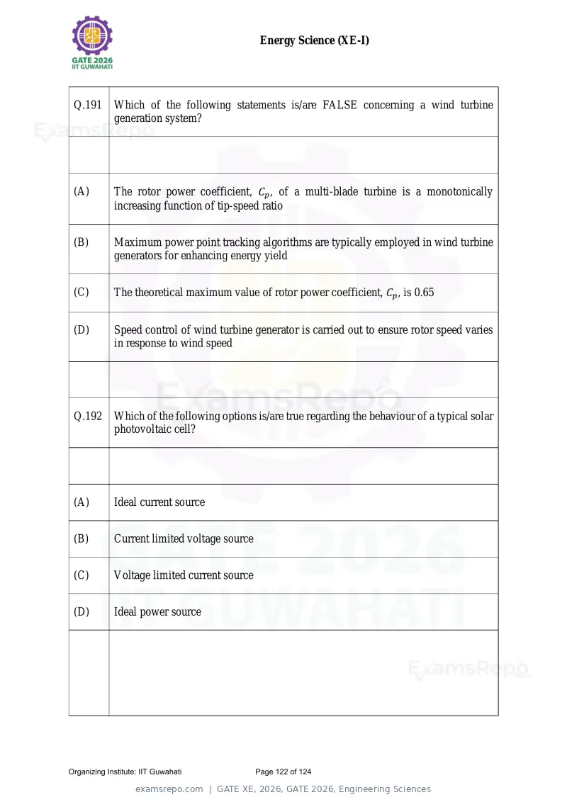GATE XE 2026 question paper, GATE 2026, Engineering Sciences, page 122 of 124