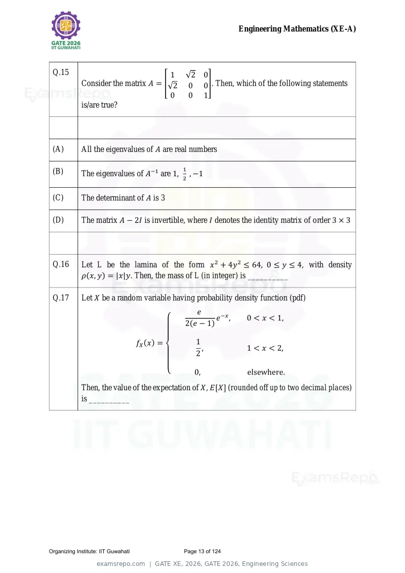 GATE XE 2026 question paper, GATE 2026, Engineering Sciences, page 13 of 124
