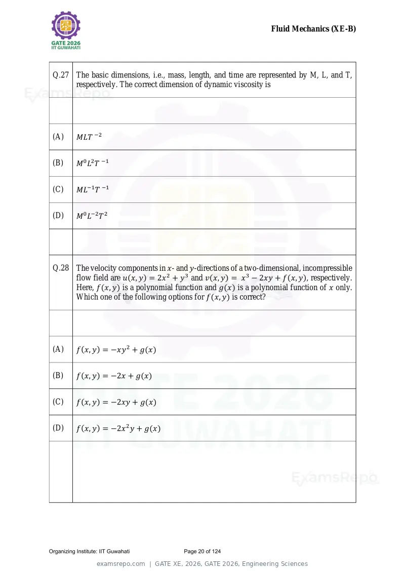 GATE XE 2026 question paper, GATE 2026, Engineering Sciences, page 20 of 124