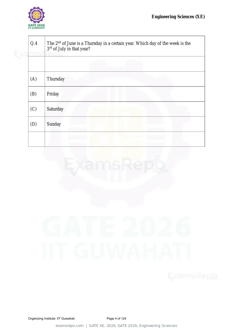 GATE XE 2026 question paper, GATE 2026, Engineering Sciences, page 4 of 124