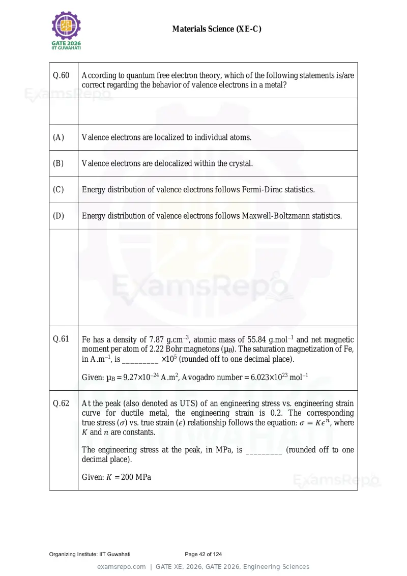 GATE XE 2026 question paper, GATE 2026, Engineering Sciences, page 42 of 124
