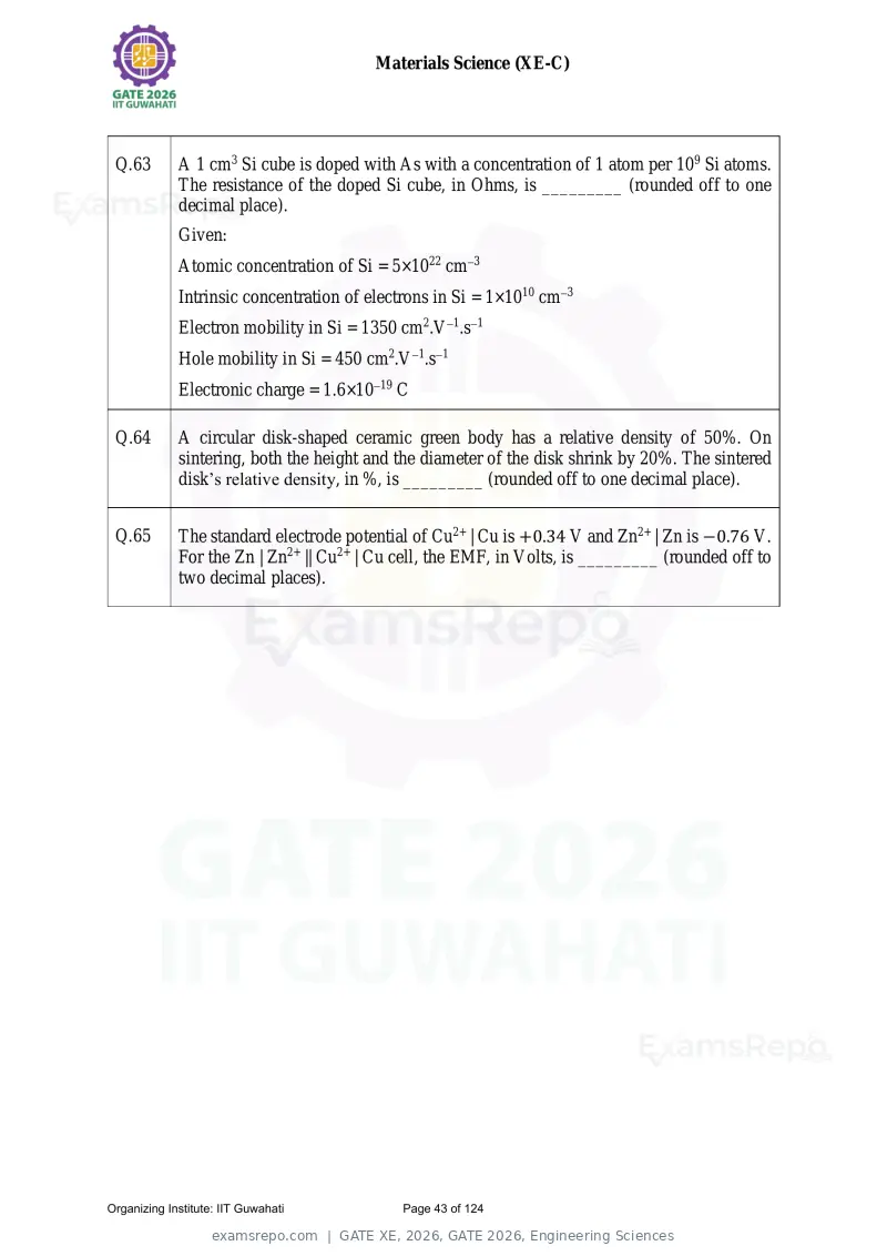 GATE XE 2026 question paper, GATE 2026, Engineering Sciences, page 43 of 124