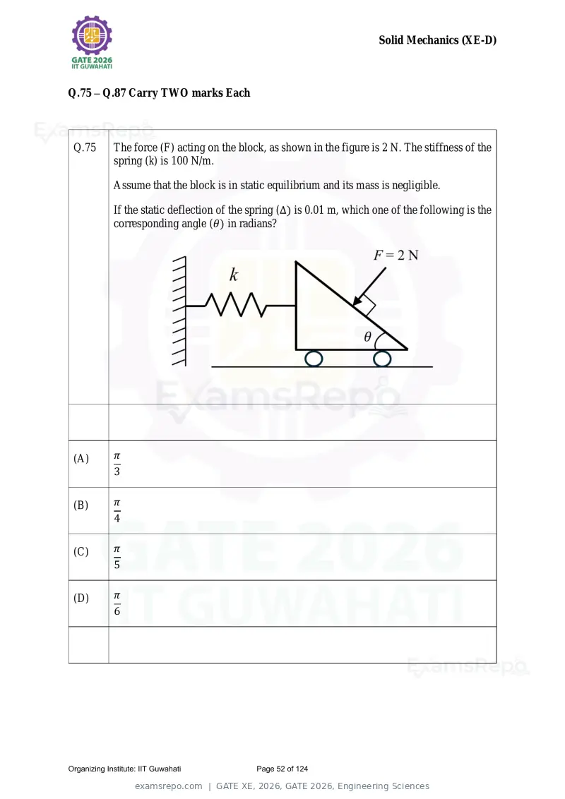 GATE XE 2026 question paper, GATE 2026, Engineering Sciences, page 52 of 124