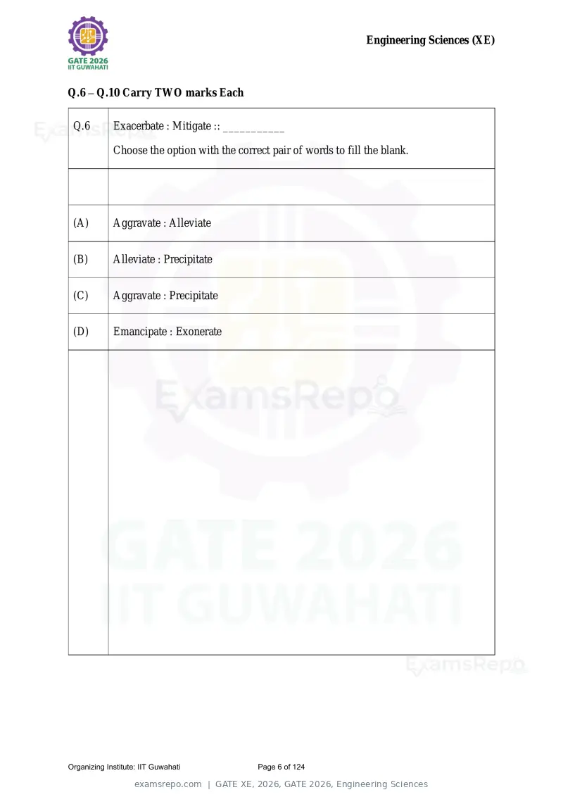 GATE XE 2026 question paper, GATE 2026, Engineering Sciences, page 6 of 124