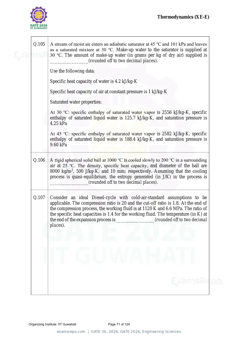 GATE XE 2026 question paper, GATE 2026, Engineering Sciences, page 71 of 124