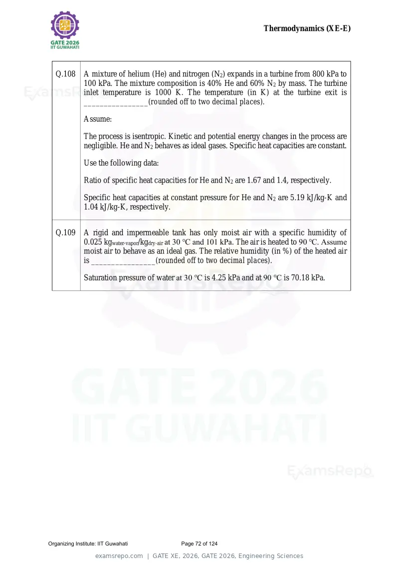 GATE XE 2026 question paper, GATE 2026, Engineering Sciences, page 72 of 124
