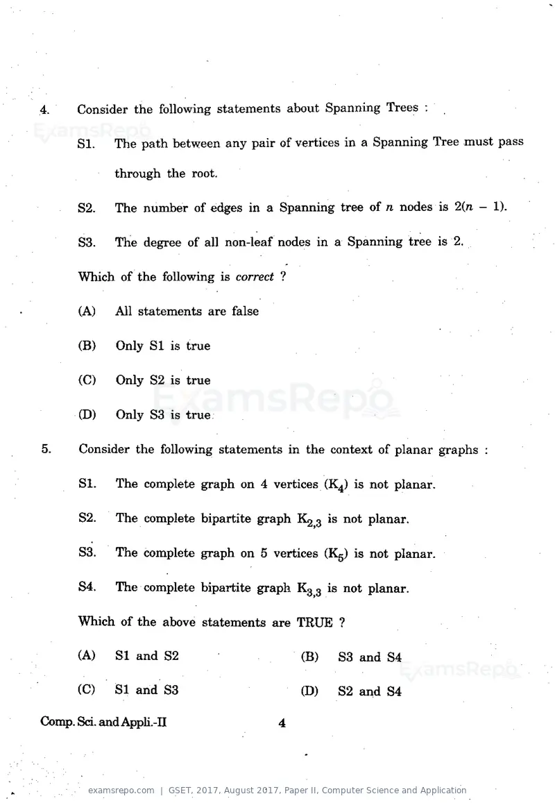 GSET 2017 question paper, August 2017, Paper II, Computer Science and Application, page 4 of 20