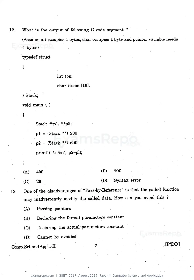 GSET 2017 question paper, August 2017, Paper II, Computer Science and Application, page 7 of 20