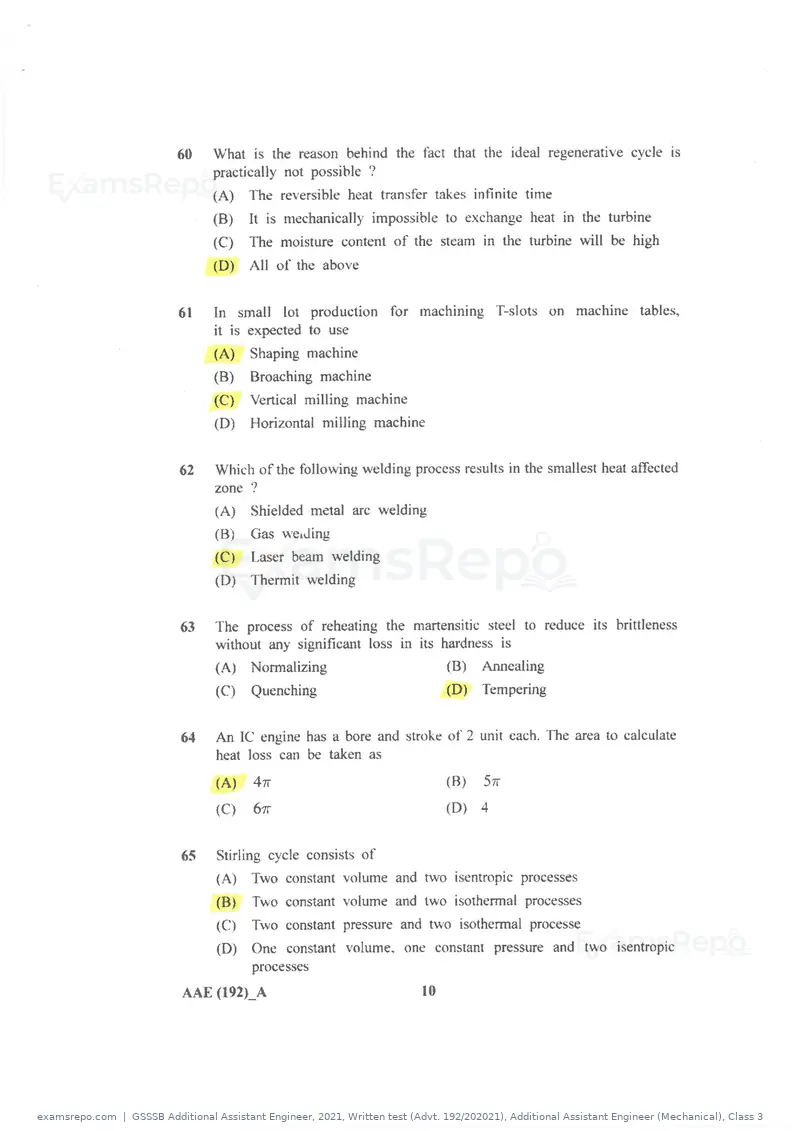 GSSSB Additional Assistant Engineer 2021 question paper, Written test (Advt. 192/202021), Additional Assistant Engineer (Mechanical), Class 3, page 10 of 16