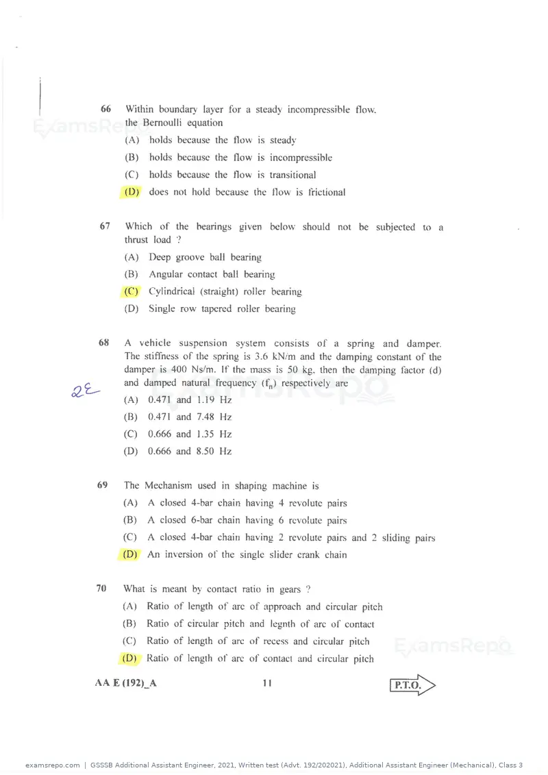 GSSSB Additional Assistant Engineer 2021 question paper, Written test (Advt. 192/202021), Additional Assistant Engineer (Mechanical), Class 3, page 11 of 16