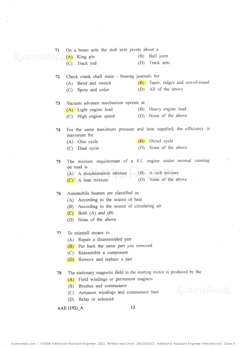 GSSSB Additional Assistant Engineer 2021 question paper, Written test (Advt. 192/202021), Additional Assistant Engineer (Mechanical), Class 3, page 12 of 16