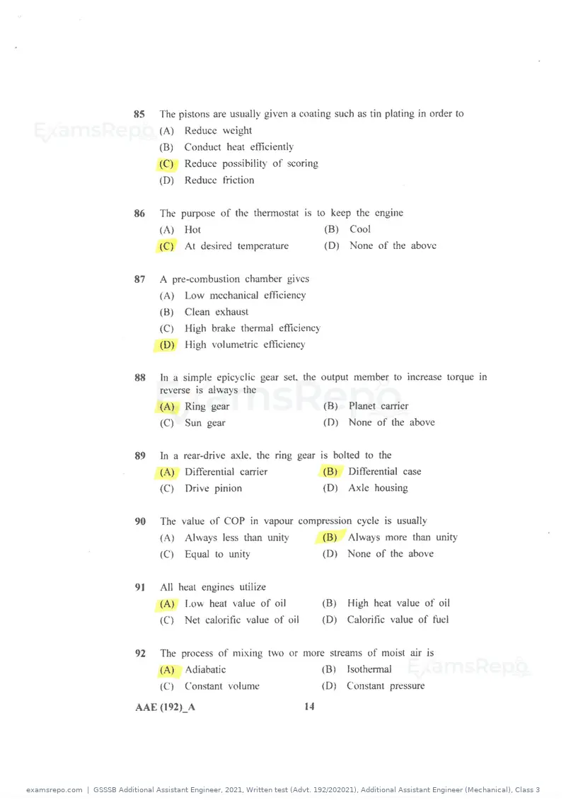 GSSSB Additional Assistant Engineer 2021 question paper, Written test (Advt. 192/202021), Additional Assistant Engineer (Mechanical), Class 3, page 14 of 16