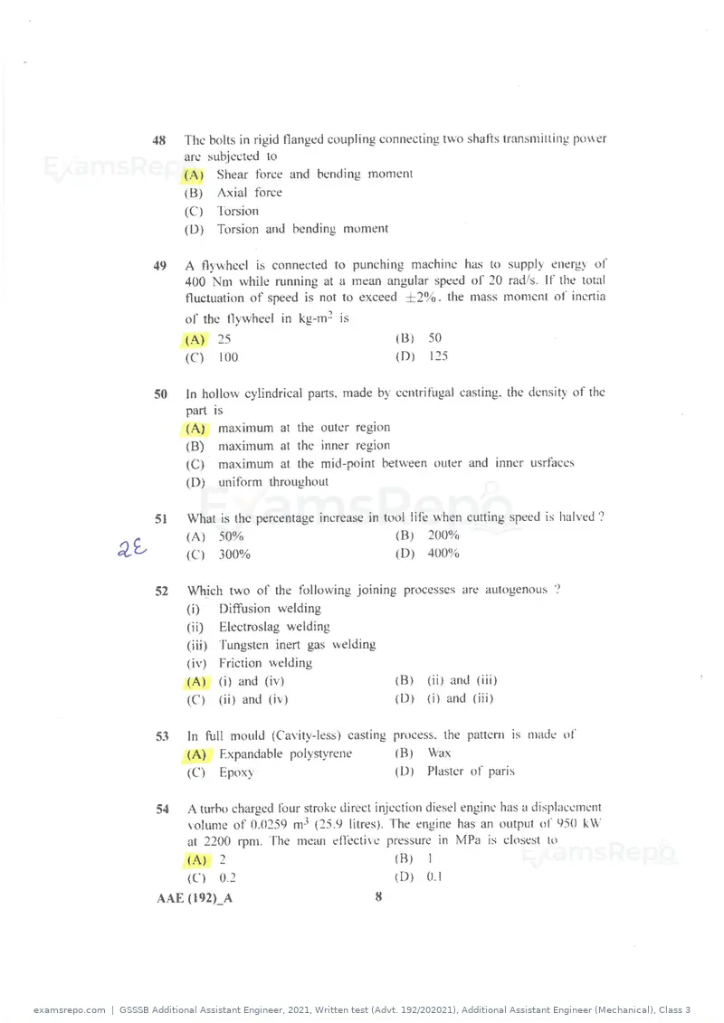 GSSSB Additional Assistant Engineer 2021 question paper, Written test (Advt. 192/202021), Additional Assistant Engineer (Mechanical), Class 3, page 8 of 16